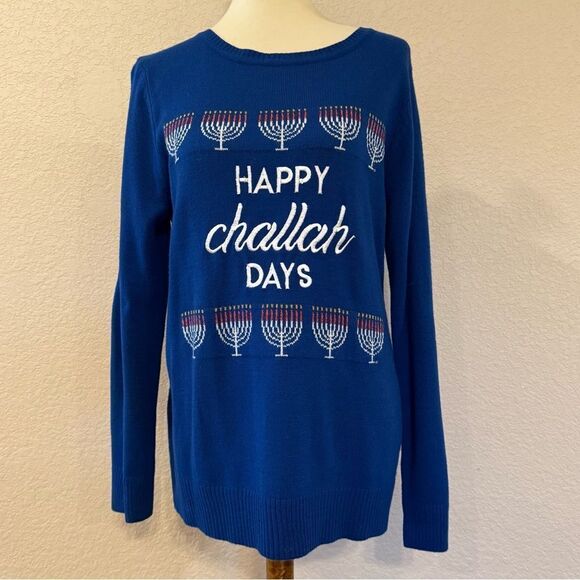 “Happy Challa Days” Knit Sweater Size L Royal Blue Hanukkah MenorahJewishHoliday - Picture 1 of 10